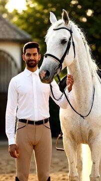 Confident equestrian man standing with white horse in stable yard