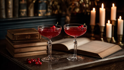 Fototapeta premium Red cocktails with cranberries and blueberries in a vintage library setting, lit by candles and surrounded by old books, creating a romantic moody atmosphere