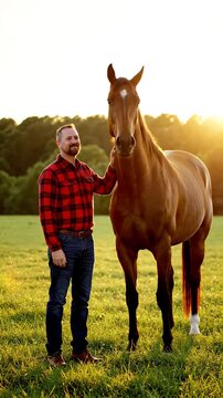 Man in plaid shirt standing with horse in sunny field
