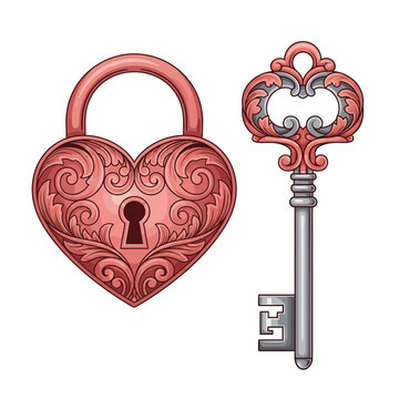 An ornate vintage heart-shaped lock and a decorative antique key, symbolizing love and security