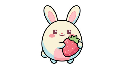 Cute cartoon rabbit holding a fresh strawberry.