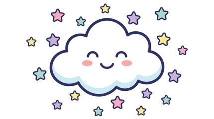 A cartoon cloud with a smiling face surrounded by colorful stars.