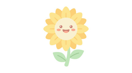 A cartoon sunflower with a smiling face and green leaves.