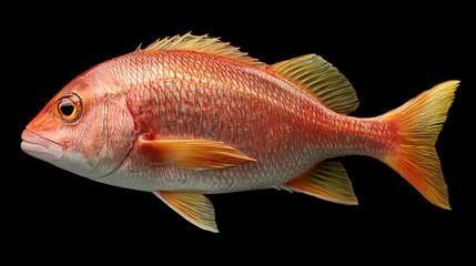 A vibrant orange fish with yellow fins and tail swims against a solid black background