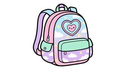 Colorful cartoon backpack with heart design and pastel colors.