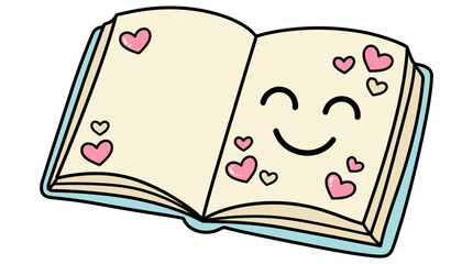 A cartoon open book with a smiling face and hearts on its pages.