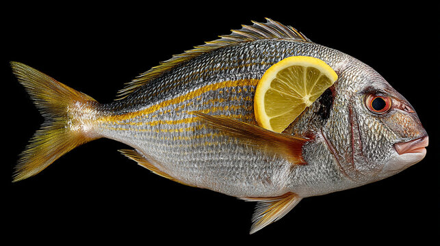 A silver fish with yellow fins and stripes is garnished with a lemon wedge on a black background