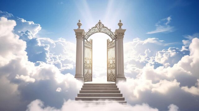 Majestic golden gates and stone stairs rising into a bright sky filled with white clouds and ethereal light