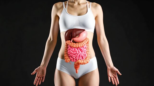 Realistic 3D render of human digestive system overlay on female torso against dark background