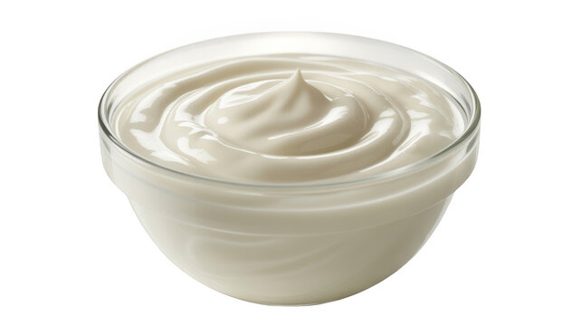 Glass bowl of creamy white yogurt dessert in a clear glass bowl isolated on white transparent background