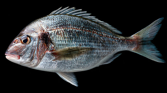 A large silver fish with red markings swims against a solid black background in a studio setting