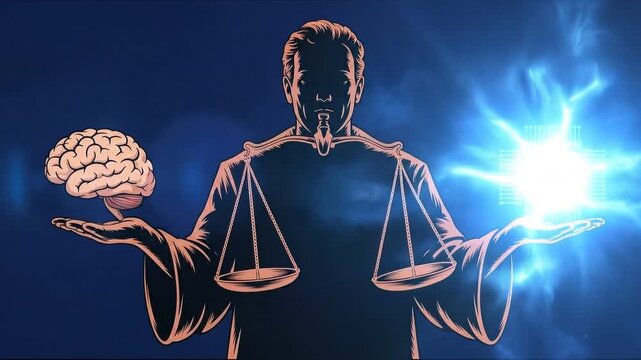 Balance of Mind: An artistic representation depicts the human brain juxtaposed with a radiant energy source, symbolizing the balance between reason and intuition.