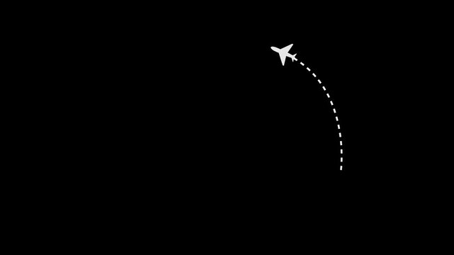 Line path with air plan moving  animation. location point travel plane animation on black background. air plane flight route with dash line 4k stock video.