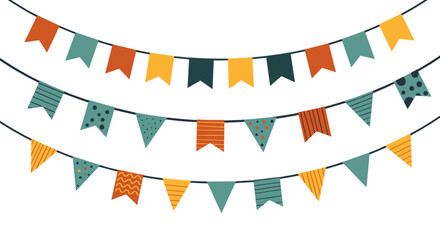 Three rows of festive bunting flags in various colors and patterns like stripes and dots hanging from thin black strings on white background.