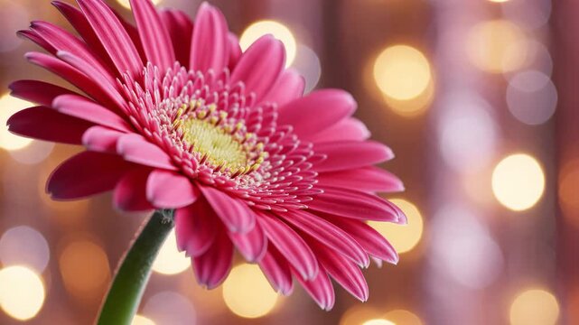 Close up of vibrant pink gerbera flower with bright yellow center and glowing bokeh background