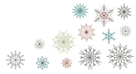 Fototapeta premium Artistic arrangement of delicate line art snowflakes in various muted colors and styles scattered on a white background for winter holidays.