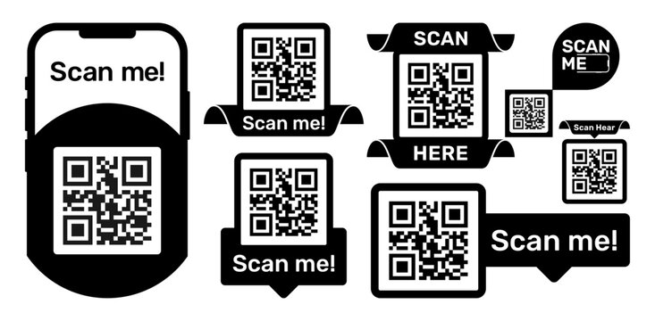 Scan me the black frame set. QR code, barcode, printable scan here, sticker template. Vector illustration transparent PNG background