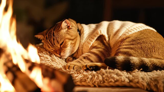 Cute ginger tabby cat wearing white knitted sweater sleeping soundly on soft rug near warm burning fireplace during cozy winter night