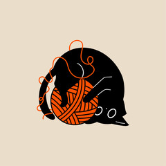 Cute Minimal Black Cat Playing With Yarn, Hand Drawn Doodle, Flat Vector Style
