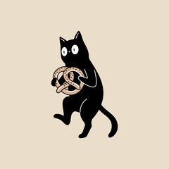 Cute Black Cat Standing With Pretzel, Minimal Hand Drawn Flat Vector