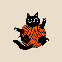 Cute Black Cat Holding Big Yarn Ball, Minimal Hand Drawn Flat Vector Style