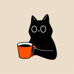 Cozy Black Cat With Coffee Mug, Minimal Hand Drawn Flat Vector, Beige Background