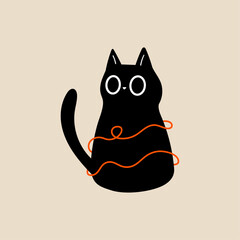 Minimal Black Cat With Yarn Stripe, Cute Hand Drawn Flat Vector, Beige Background