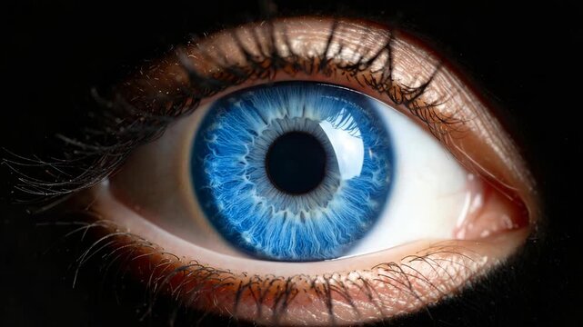 Extreme close-up of a bright blue human iris with intricate patterns and dark pupil against black