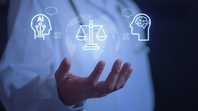 Doctor holding virtual icons showing ai ethic risk management balance for responsible innovation and future healthcare technology security concept