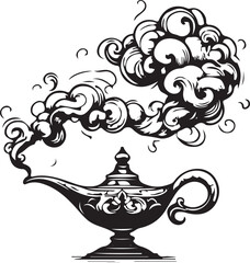 Ornate set of black floral vector illustrations featuring vintage antique lamps with retro scroll ornaments, decorative swirls, and leaf pattern borders in a classic tattoo art style