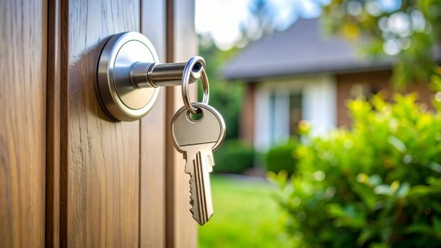 Key hanging from open wooden door knob on suburban house background