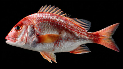 Fototapeta premium A vibrant red and white fish with distinctive fins against a solid black background