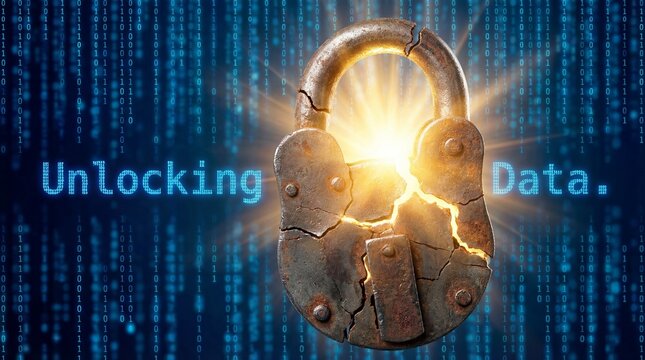 A heavy iron padlock cracking open to reveal golden light against a binary code background, symbolizing data breaches, decryption, and unlocking value.