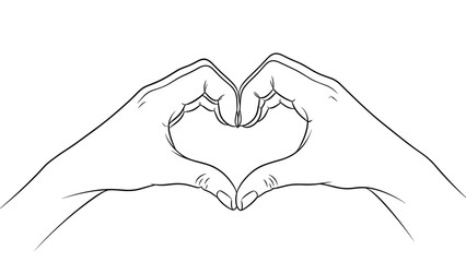Fototapeta premium Detailed black and white line drawing of two hands coming together to form a heart shape against a white background.
