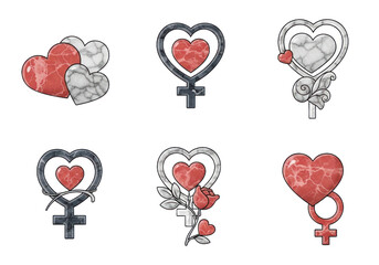 Collection Of Textured Hearts And Female Symbols In Red And White Marble Isolated Transparent Background