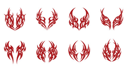 Set of eight different red tribal tattoo designs shaped like stylized wings or abstract flames on a clean white background for body art.
