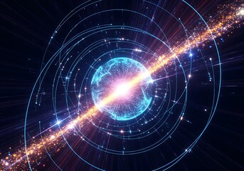 Obraz premium Abstract cosmic energy burst with glowing particles and circular data rings illustrating advanced technology digital innovation scientific visualization and powerful futuristic data transmission