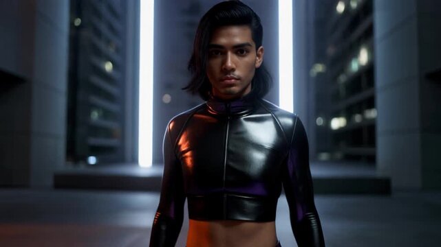 Male model in metallic pleated pants, futuristic crop top, glowing urban background, 4K loop, 2026