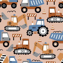 Seamless vector pattern cute construction trucks. Hand drawn design for baby boys with tiny cars. Perfect for textile, wallpaper or nursery print design. © MirabellePrint