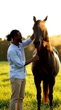 Man gently petting a horse in a sunlit green field