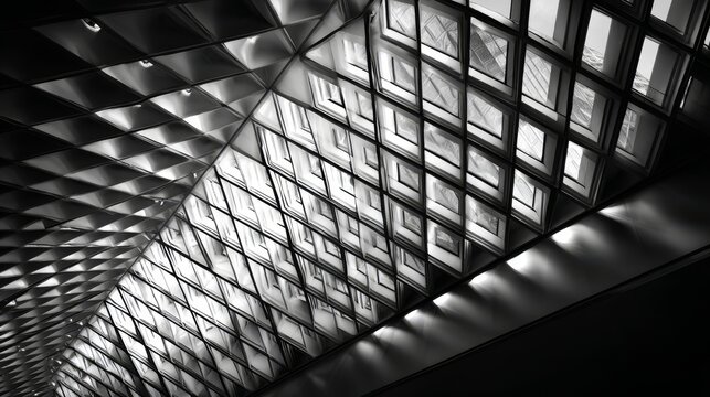 Abstract geometric skylights in dark architectural ceiling with angular patterns, natural light, modern interior design, minimal style, clean composition, contemporary building concept