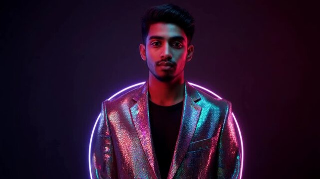 8K Digital Couture: Cinematic view of male model in iridescent holographic blazer with ray-traced neon rim glow and PBR textures