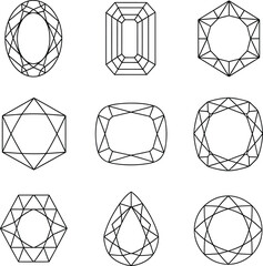 Elegant Diamond and Gemstone Cut Shapes Line Art Set for Jewellery Branding, Luxury Logos, and Creative Design