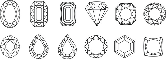 Luxury Diamond and Gemstone Faceted Shapes Line Art Set for Jewelry Design Branding Logos and Elegant Crafts