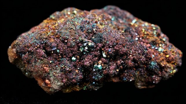 Decomposing chalcopyrite crystal with secondary copper minerals on baryte matrix, detailed mineral specimen showing oxidation textures, natural geology process, raw ore structure earth science concept