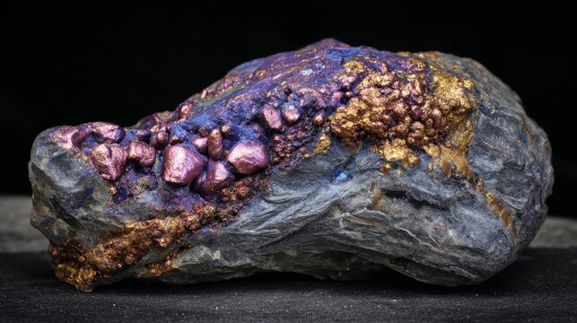 Decomposing chalcopyrite crystal with secondary copper minerals on baryte matrix, detailed mineral specimen showing oxidation textures, natural geology process, raw ore structure earth science concept