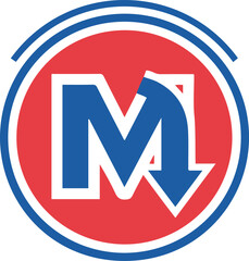 Metro transit logo vector illustration. Red and blue circular badge featuring a stylized letter M with a downward pointing arrow indicating underground, isolated on white background.
