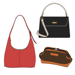 Stylish Red Shoulder Bag, Black Handbag and Brown Zippered Pouch Set for Everyday Fashion and Functional Travel Accessories