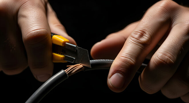 Close-up shot of hands using a utility knife to strip the insulation from an electrical wire
