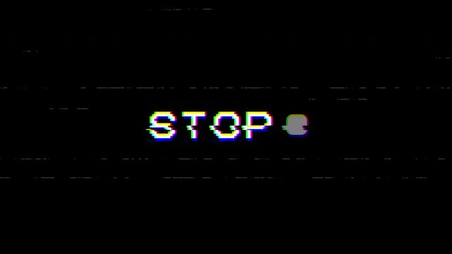 animation VHS tape stop with pixel glitch effect